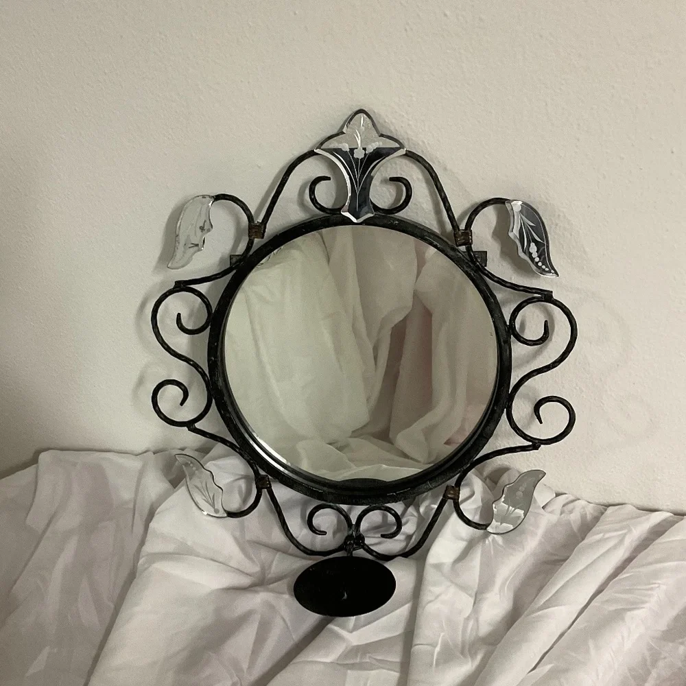 Vintage Mirror Candle Holder Round Petina Black authentic rustic